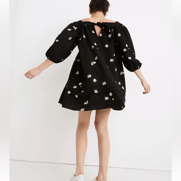 NWOT Madewell Square-Neck Pleat-Detail Black Mini Dress in Lazy Daisies XXS - Picture 3 of 11